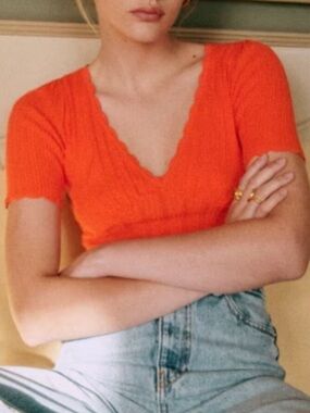 NWT Sezane Cloe Jumper Top - RED ROUGE  Short Sleeve Sweater Knit French